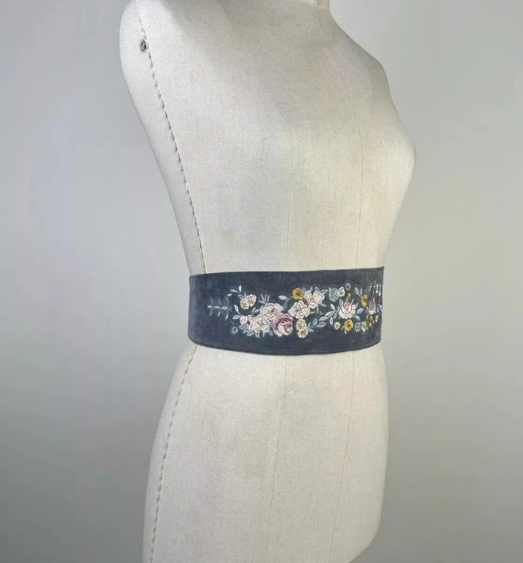 We Are Kindred Size S/M Belt Blue Grey Suede Embroidered Floral Wide Tie Fringe