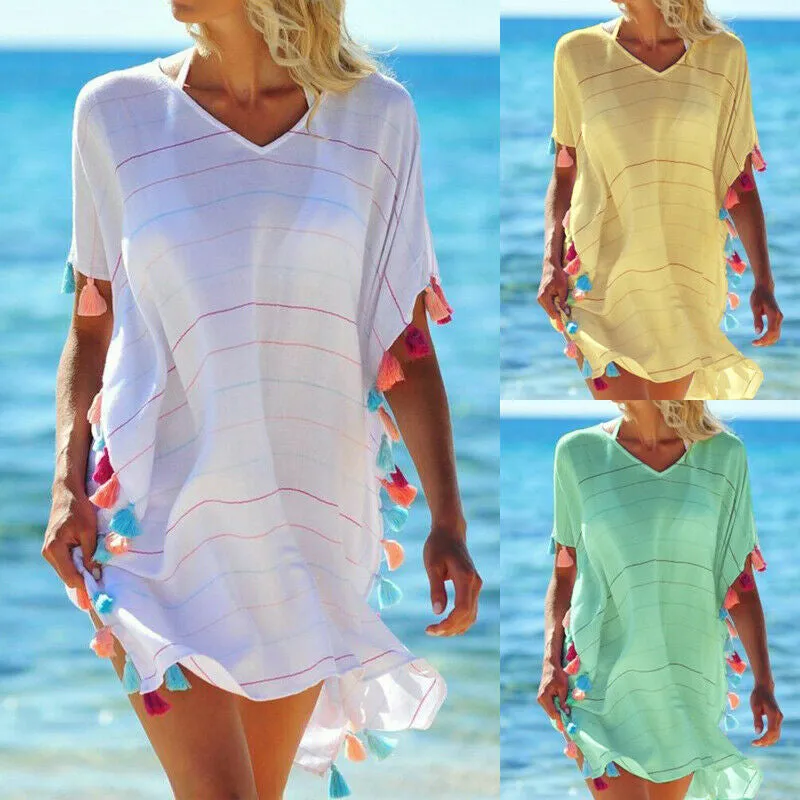 White striped tassel ball beach dress