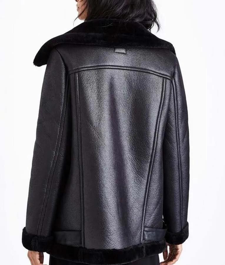 Women Black Leather Shearling Jacket