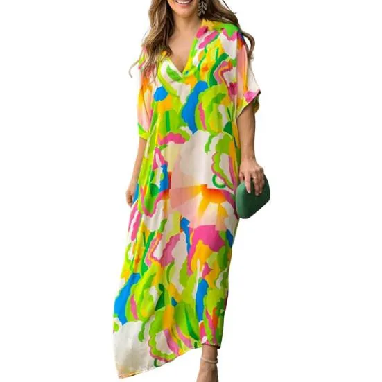 Women Maxi Dress Short Sleeves Colorful Print High Waist Oversized  Dress  001322006