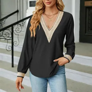 Women Top V Neck Hollow Out Matching Patchwork Long Sleeve Blouse