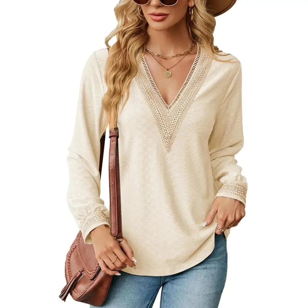 Women Top V Neck Hollow Out Matching Patchwork Long Sleeve Blouse