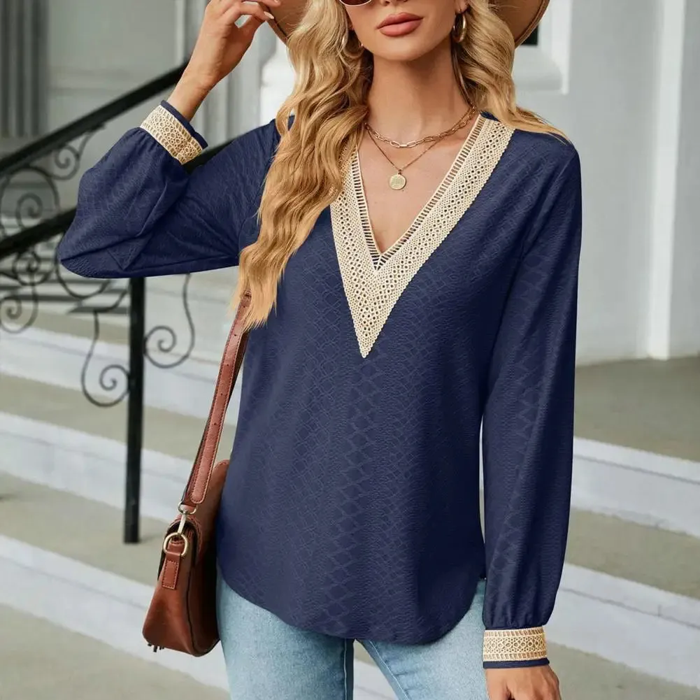 Women Top V Neck Hollow Out Matching Patchwork Long Sleeve Blouse