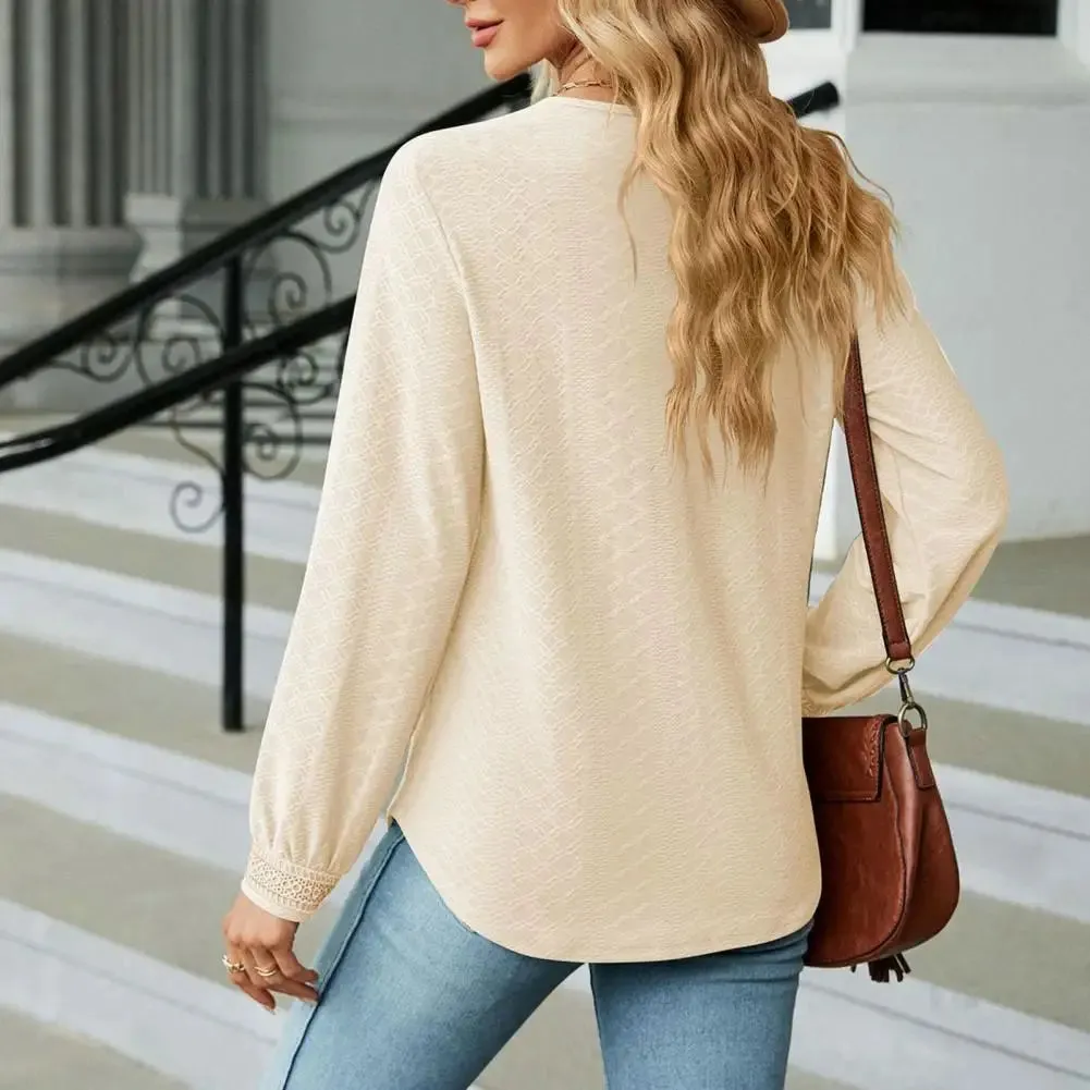 Women Top V Neck Hollow Out Matching Patchwork Long Sleeve Blouse