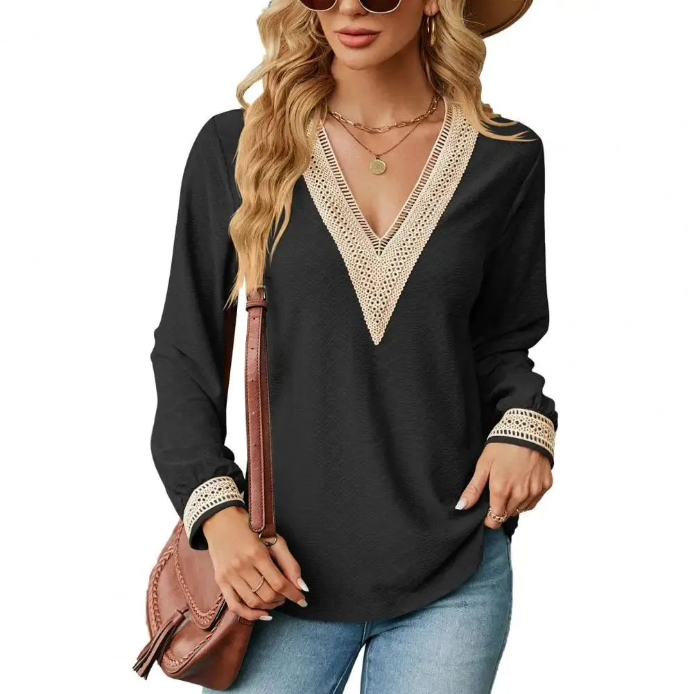 Women Top V Neck Hollow Out Matching Patchwork Long Sleeve Blouse