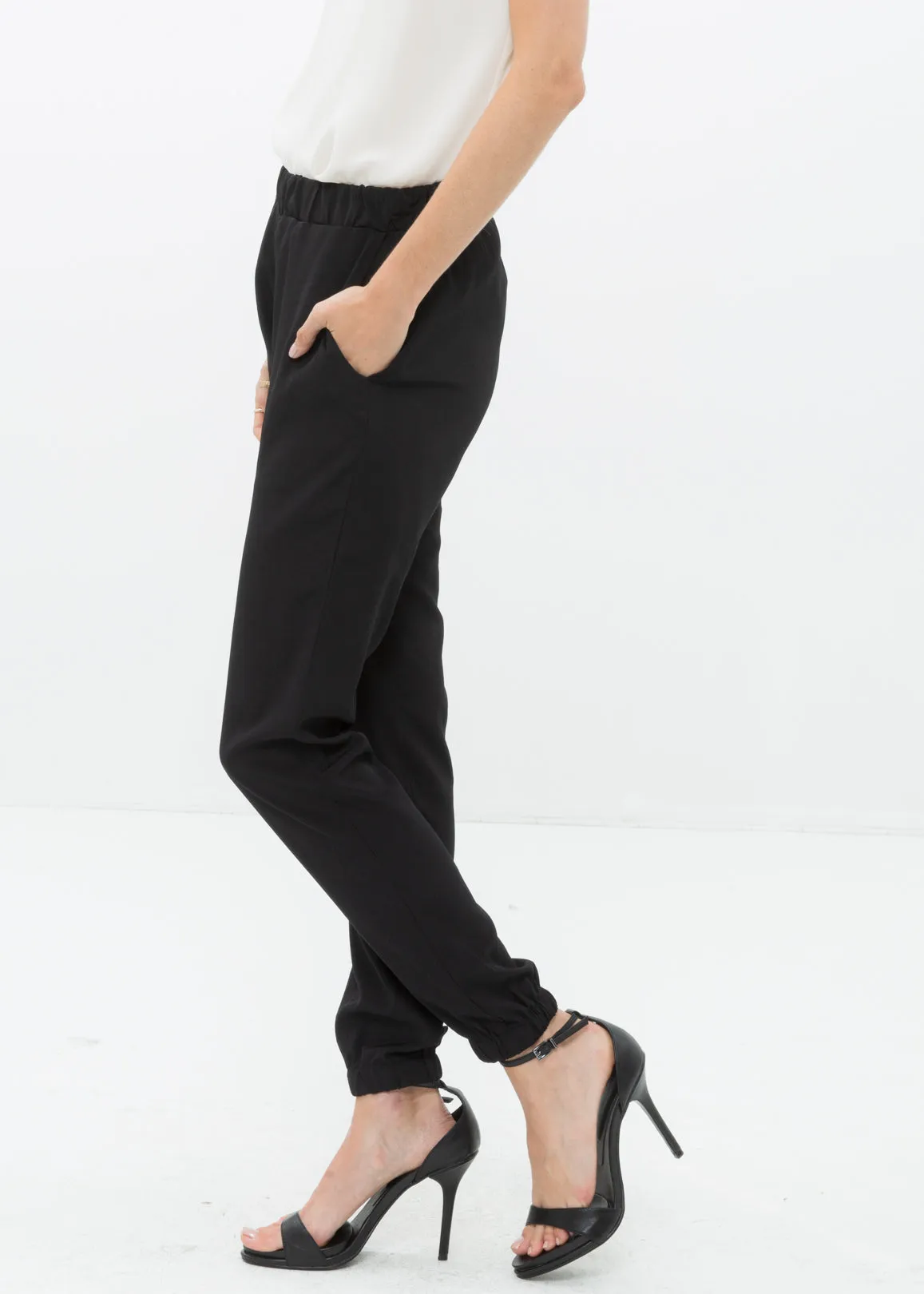 Women's Ankle Cuffed Black Crepe Pants In Black by Shop at Konus