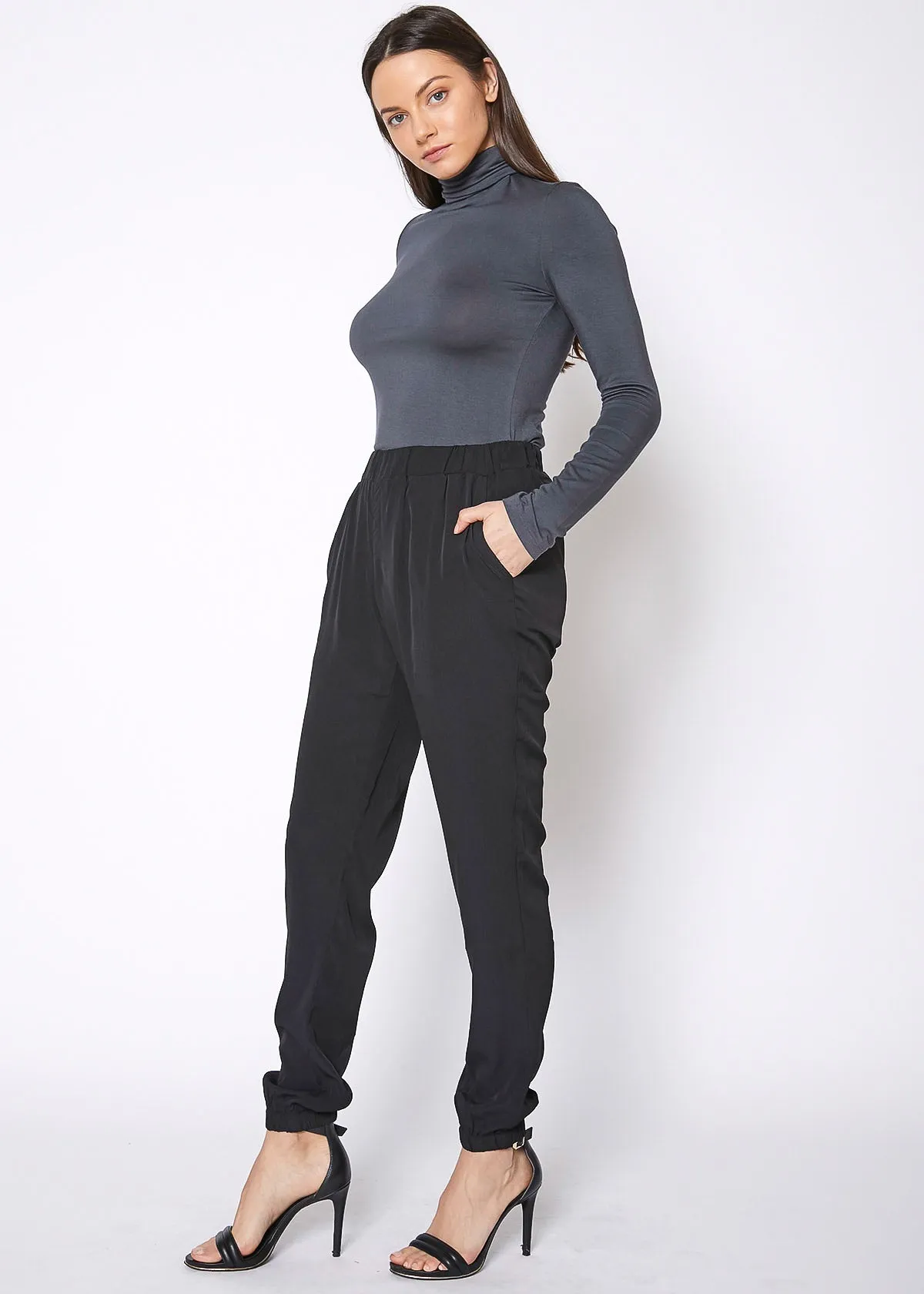 Women's Ankle Cuffed Black Crepe Pants In Black by Shop at Konus