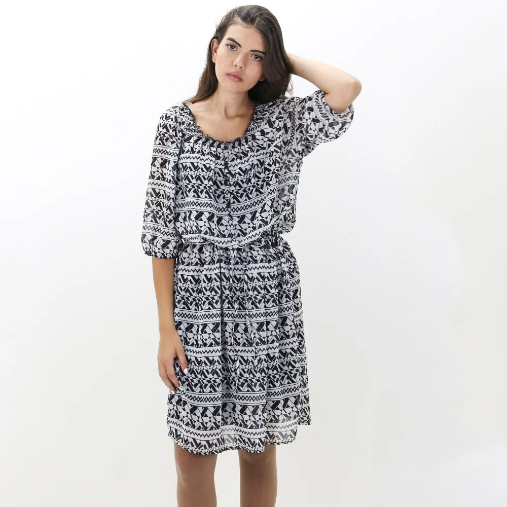 Women's Chiffon Printed Dress,White/Black