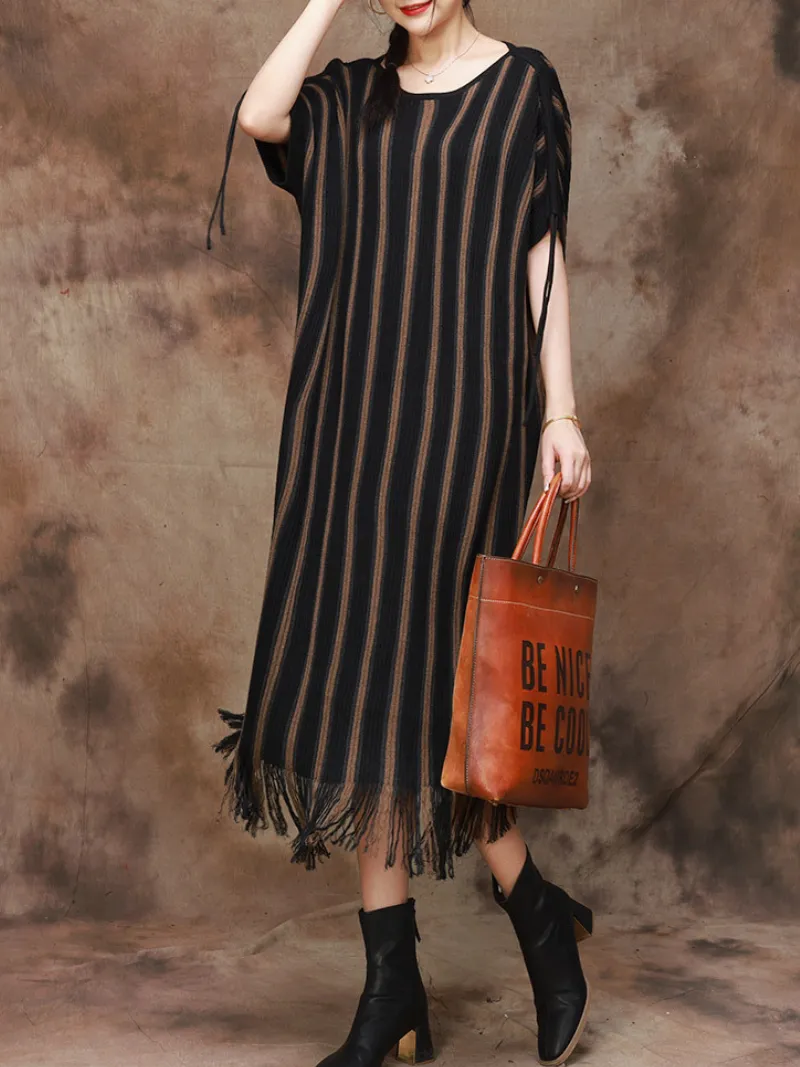 Women's Elegance Striped Knitted Large Size Midi Dress