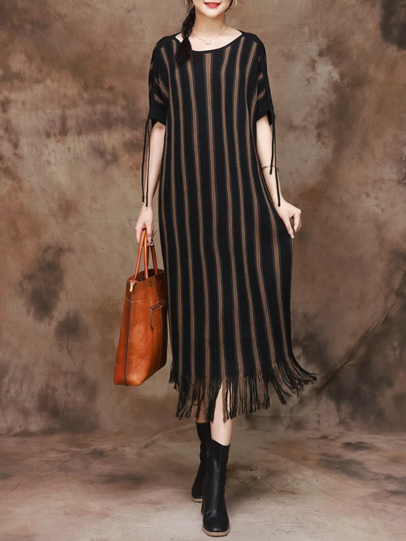 Women's Elegance Striped Knitted Large Size Midi Dress