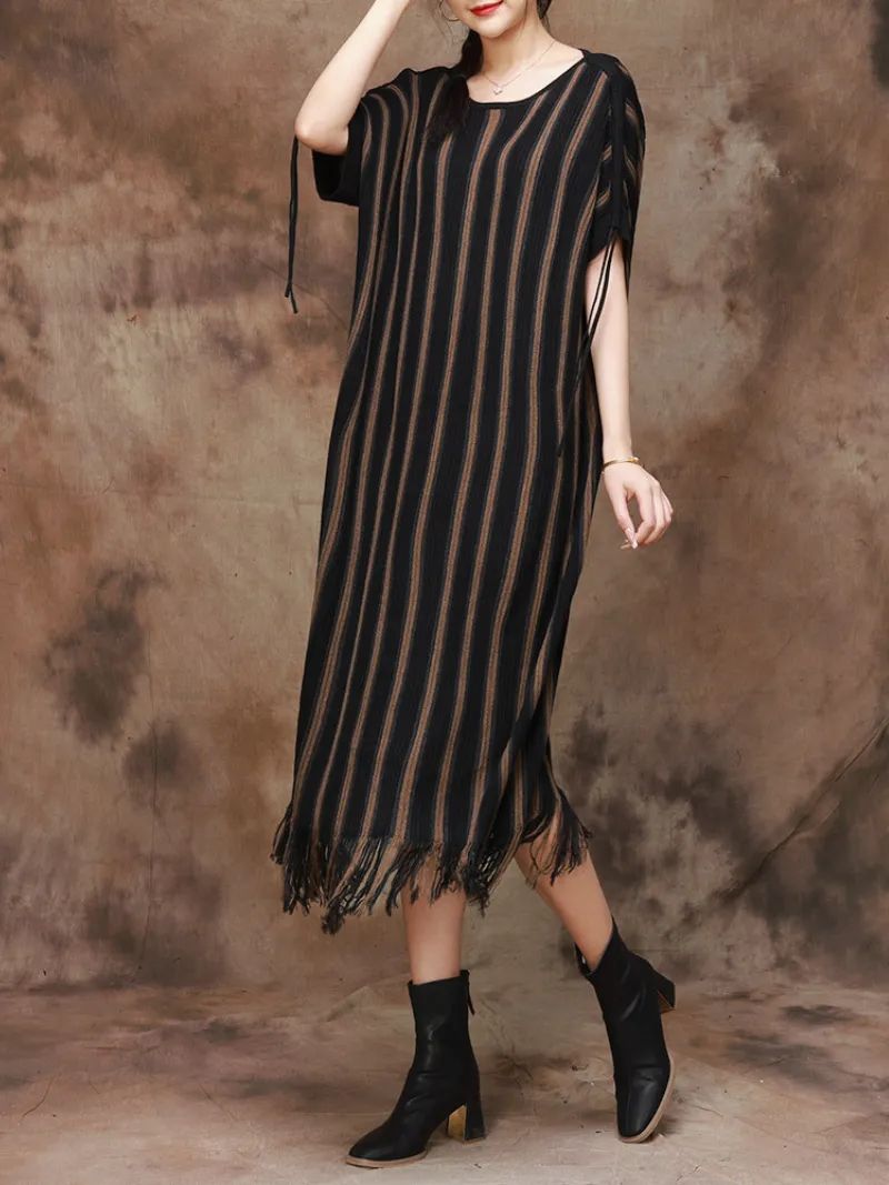 Women's Elegance Striped Knitted Large Size Midi Dress