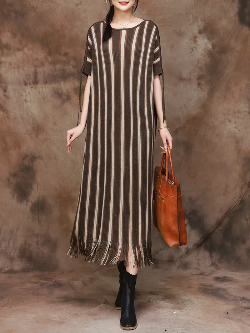 Women's Elegance Striped Knitted Large Size Midi Dress