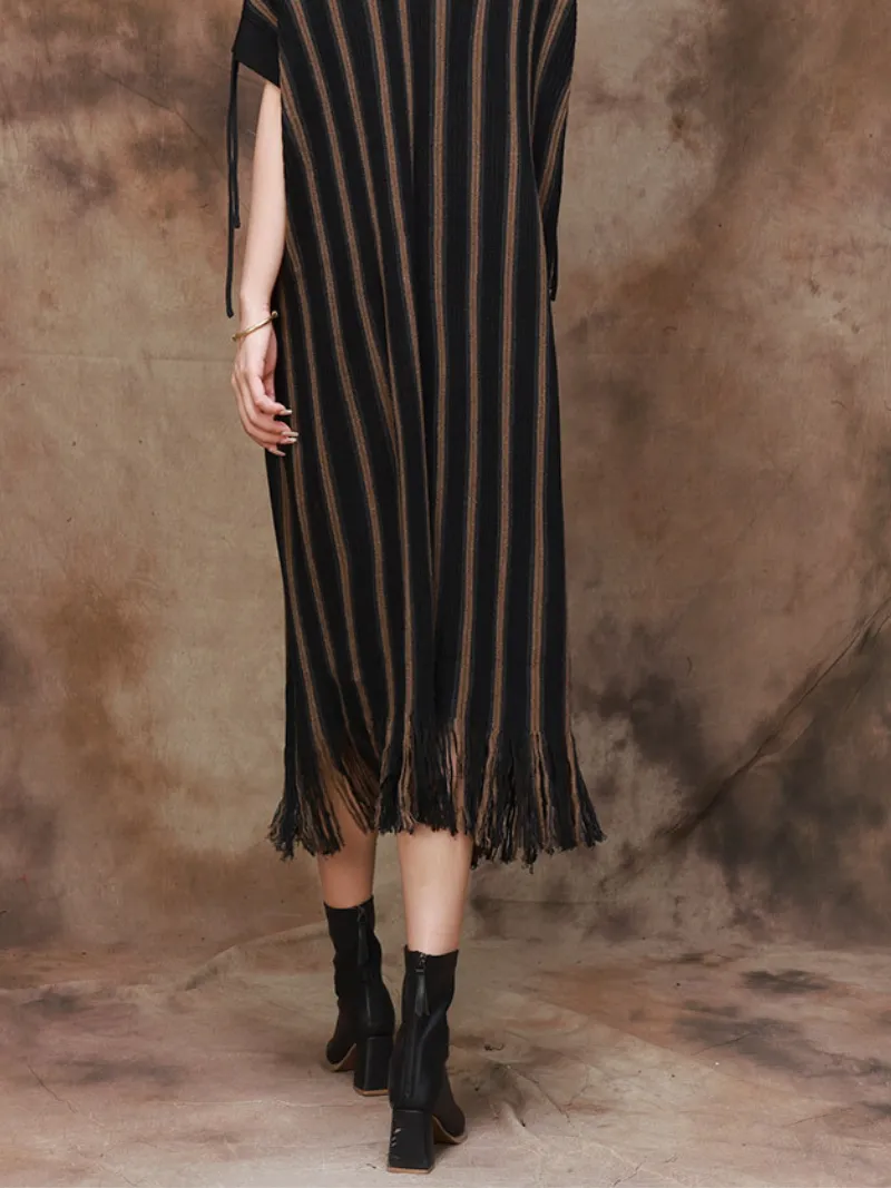 Women's Elegance Striped Knitted Large Size Midi Dress