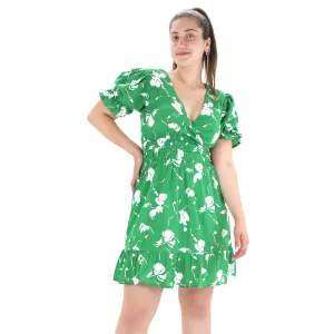 Women's Floral Ruffle Puff Sleeve Dress,Green