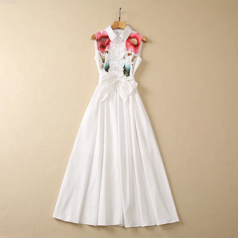 Women's Flower Print Lapel Collar Sleeveless Dress with Pockets