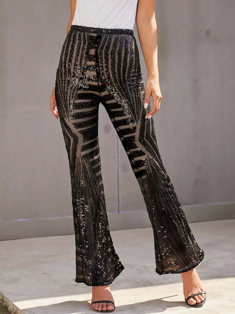 Women's High Waist Loose Straight Wide Leg Sequined Pants