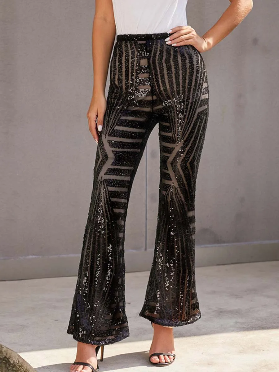 Women's High Waist Loose Straight Wide Leg Sequined Pants