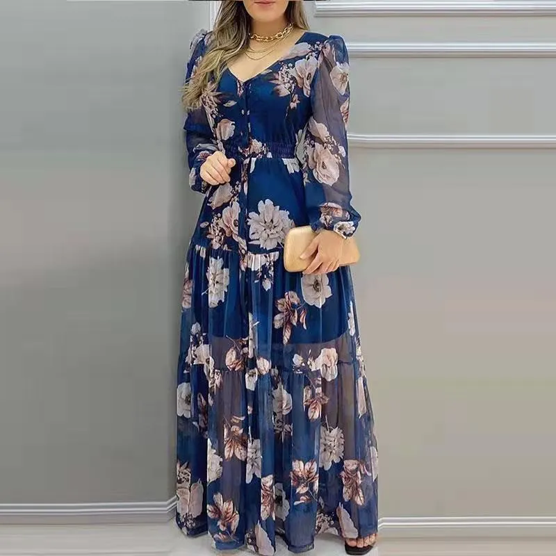 Women's Long Printed V-neck Chiffon Dress