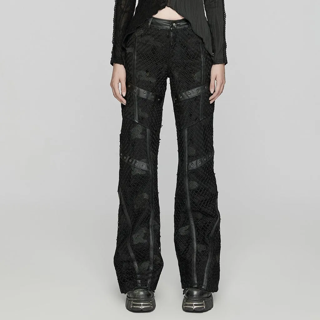 Women's Punk Ripped Mesh Denim Pants