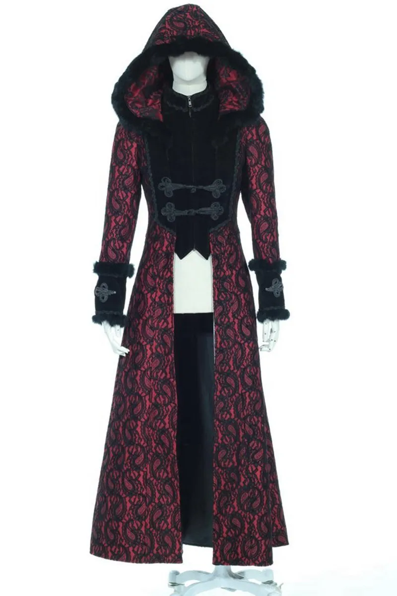 Women's Steampunk Faux Fur Splice Maxi Coat with Hood