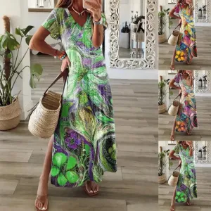 Women’s V-neck Short Sleeve Multi-color Printing Dress